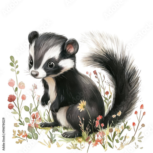 Cute Cartoon Skunk Surrounded by Colorful Flowers in a Whimsical Forest Setting for Children's Illustration photo