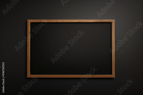Minimalistic black chalkboard with a natural wooden frame, set against a dark, seamless background. Suitable for education, advertising, or creative designs with space for text or illustrations.
