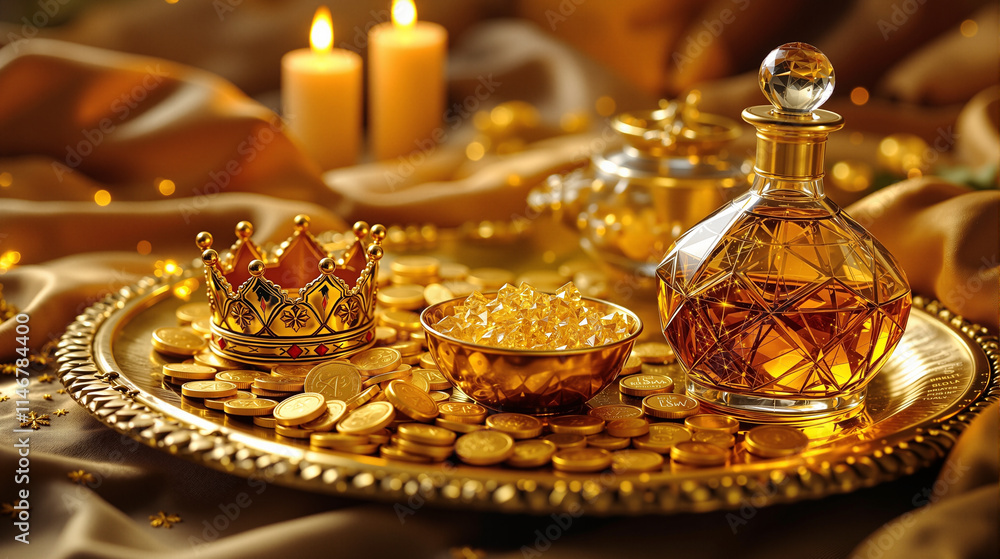 Close-Up of the Three Kings' Gifts: Gold, Frankincense, and Myrrh on an Ornate Golden Tray, Illuminated by Candlelight AI Close-Up of the Three Kings' Gifts: Gold, Frankincense, and Myrrh on an Ornate Golden Tray, Illuminated by Candlelight AI