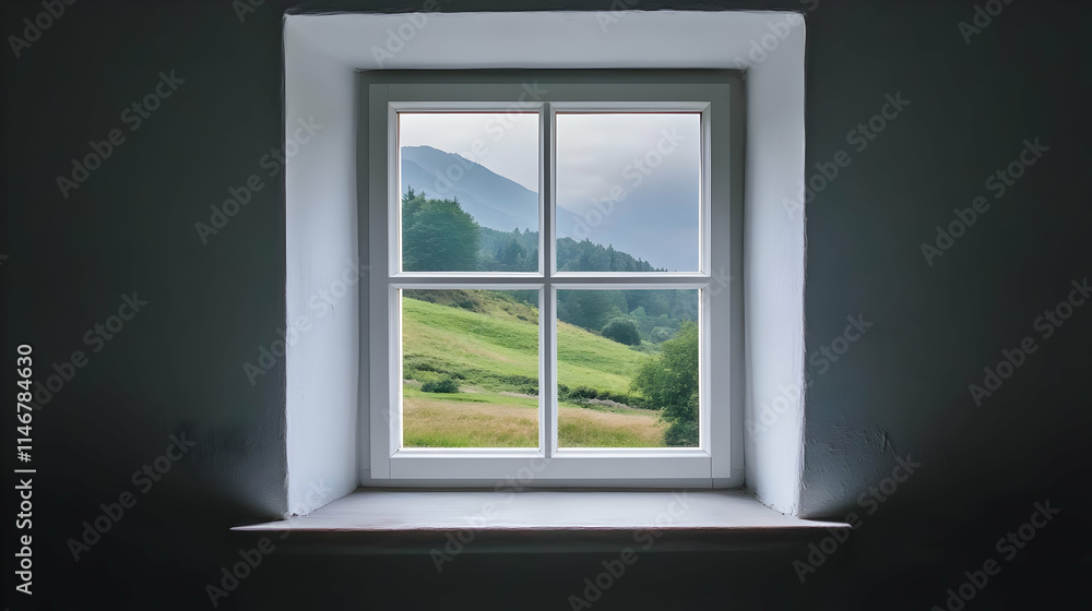 A window view showcasing serene hills and greenery, inviting tranquility and nature appreciation. A window view showcasing serene hills and greenery, inviting tranquility and nature appreciation.