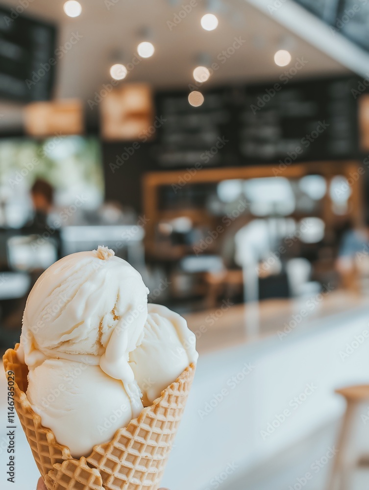 Scoops of white ice cream on a waffle cone against the background of a coffee shop Scoops of white ice cream on a waffle cone against the background of a coffee shop