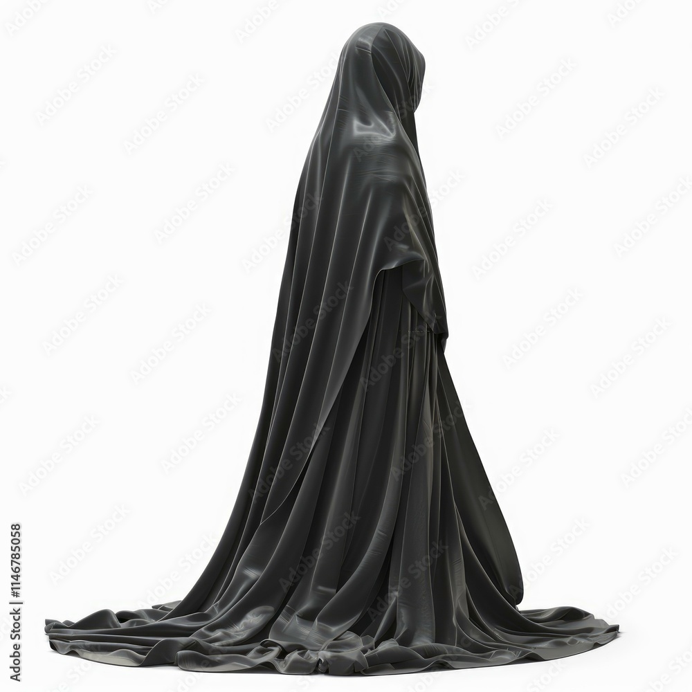 Studio shot of a woman wearing a long black dress and headscarf, standing against a white background Studio shot of a woman wearing a long black dress and headscarf, standing against a white background