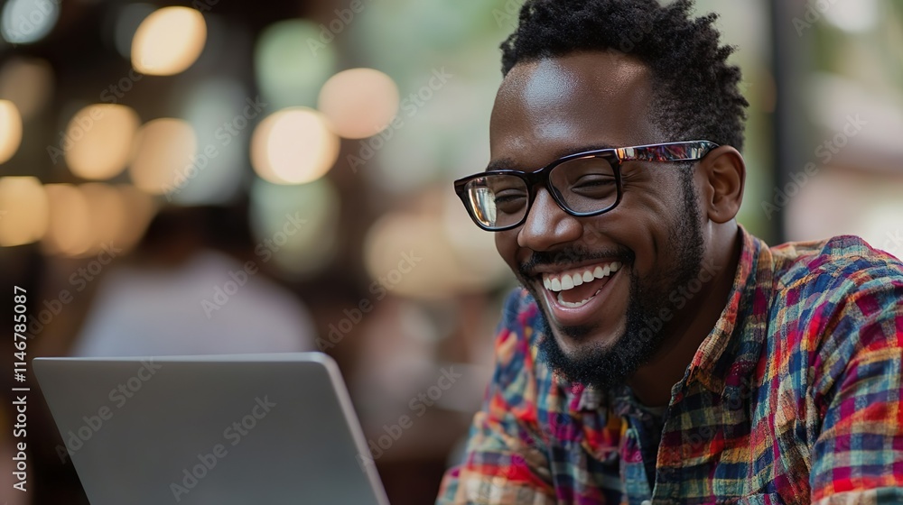 Fototapeta premium Smiling Man In Glasses Using Laptop Indoors Cozy Modern Cafe Bright Atmosphere