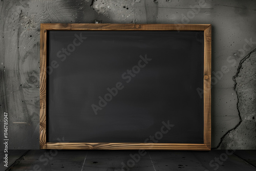 Wooden-framed chalkboard with a dark black surface placed against a textured concrete background. Perfect for educational, school, or creative projects, as well as advertising and design templates.