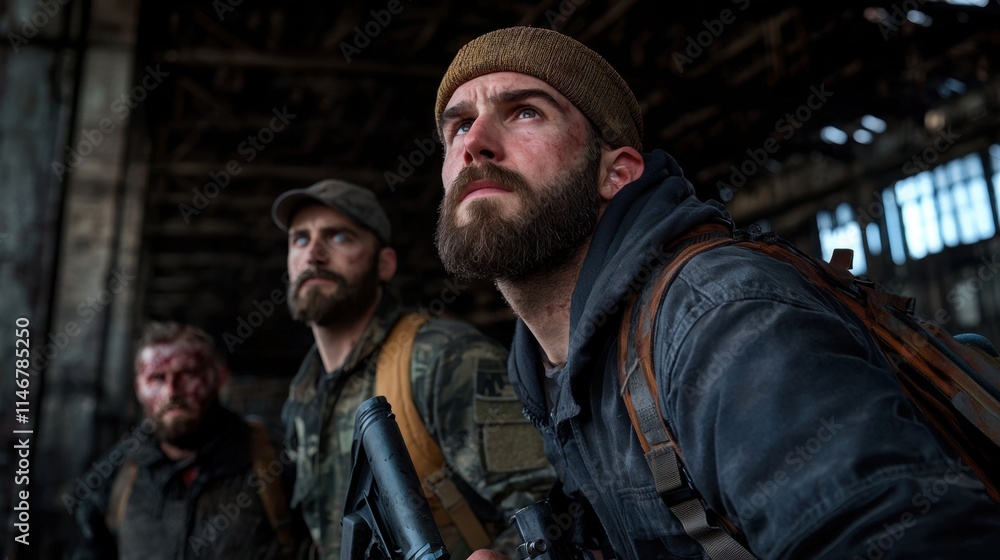 Fototapeta premium Three men with beards and military gear are standing in a dark room