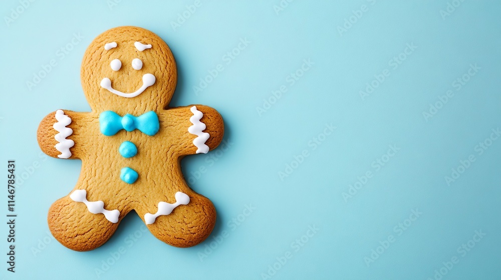 Gingerbread Man Cookie With Bright Blue Bow Tie Creative Holiday Dessert Minimal Style Gingerbread Man Cookie With Bright Blue Bow Tie Creative Holiday Dessert Minimal Style