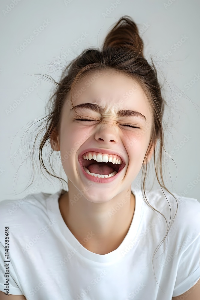 A joyful young woman laughing heartily, conveying happiness and positivity.