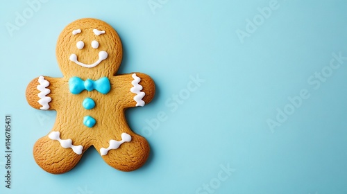 Gingerbread Man Cookie With Bright Blue Bow Tie Creative Holiday Dessert Minimal Style 