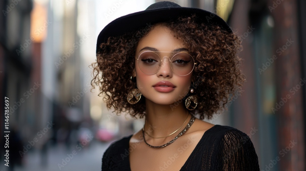 A woman wearing a black hat and glasses is standing on a street A woman wearing a black hat and glasses is standing on a street