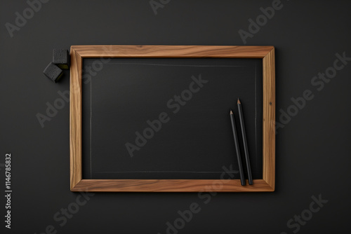 Wooden-framed blackboard with pencils and erasers on dark background.