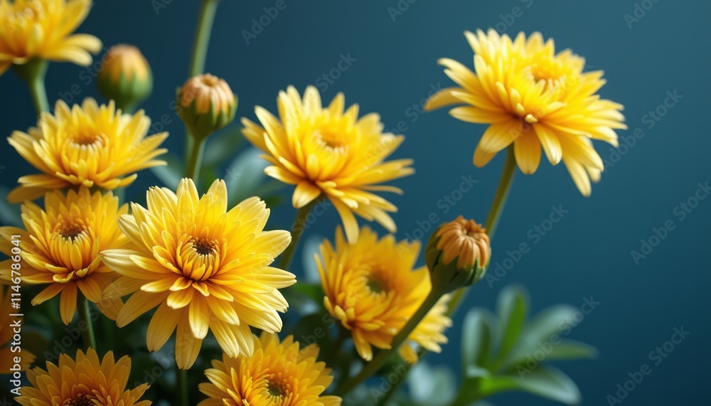 Fototapeta premium A stunning arrangement of bright yellow daisies bursts with life, set against a calming blue background. The flowers, with their intricate petals and lush green leaves, evoke feelings of joy and