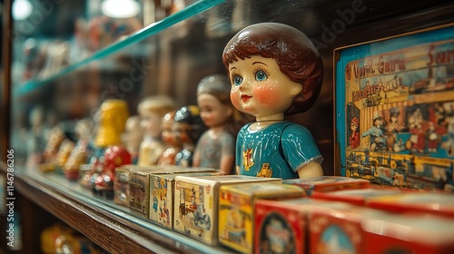 vintage toys on display in a glass case. photo