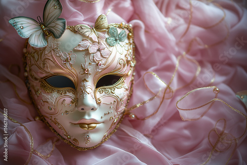 Elegant carnival mask decorated with butterflies and flowers on soft pink fabric photo