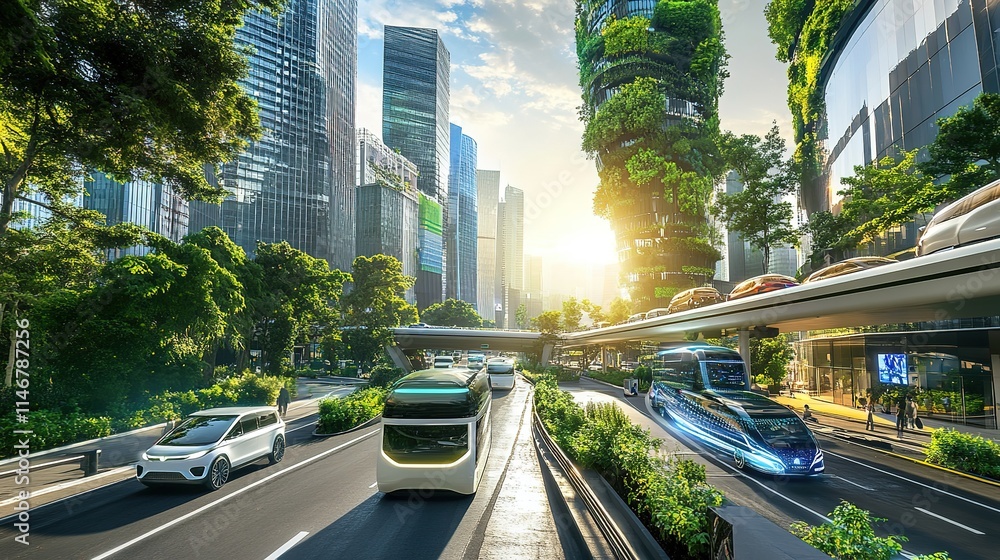 Fototapeta premium Urban Oasis of 2025: Autonomous Electric Vehicles on Smart Roads, Flanked by Vertical Gardens and Solar Arrays - Epitome of Sustainable Innovation