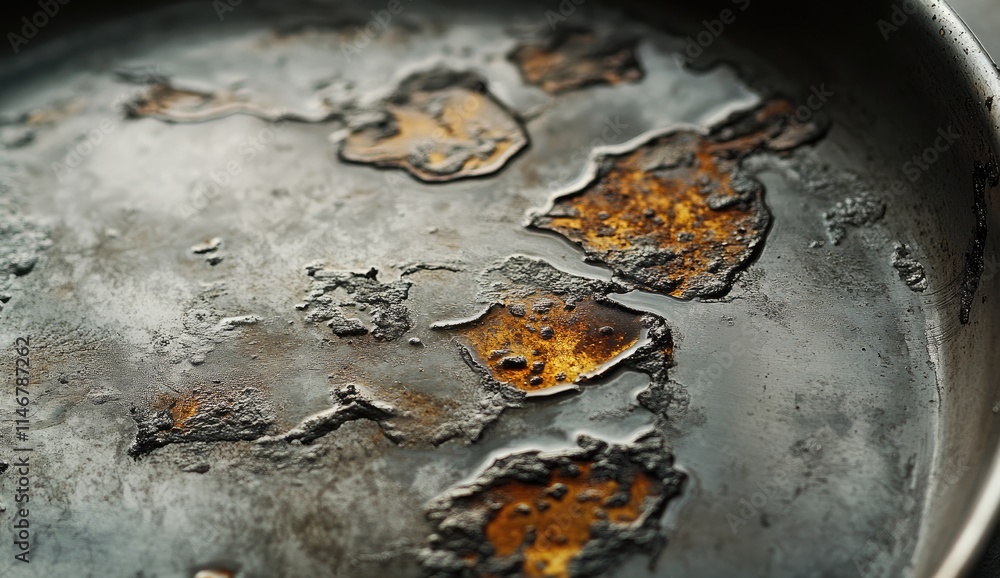 Stains on the pan. A close-up of an oil stain on the bottom side of a stainless steel dinner plate. burnt areas, scattered across the surface of the metal bowl-shaped dish. Dishwashing liquid Stains on the pan. A close-up of an oil stain on the bottom side of a stainless steel dinner plate. burnt areas, scattered across the surface of the metal bowl-shaped dish. Dishwashing liquid