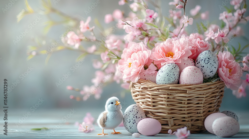 Easter basket with spring flowers, easter eggs, and a little Easter chick on a pink background in spring morning light. Easter basket with spring flowers, easter eggs, and a little Easter chick on a pink background in spring morning light.