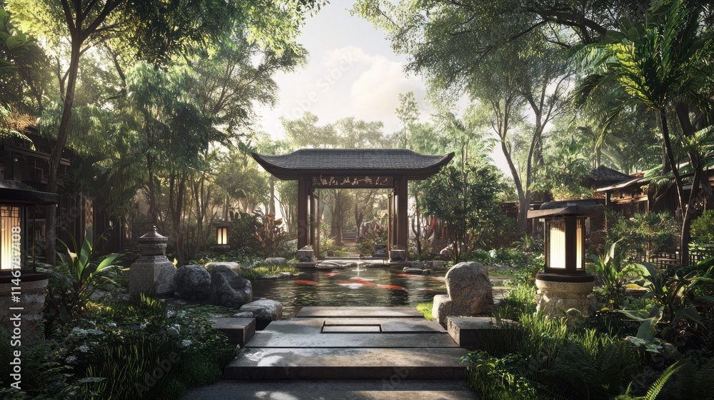 Serene Asian garden with koi pond, stone path, and traditional archway. Serene Asian garden with koi pond, stone path, and traditional archway.