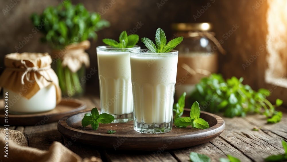 Refreshing Mint Lassi on Wooden Tray Refreshing Mint Lassi on Wooden Tray