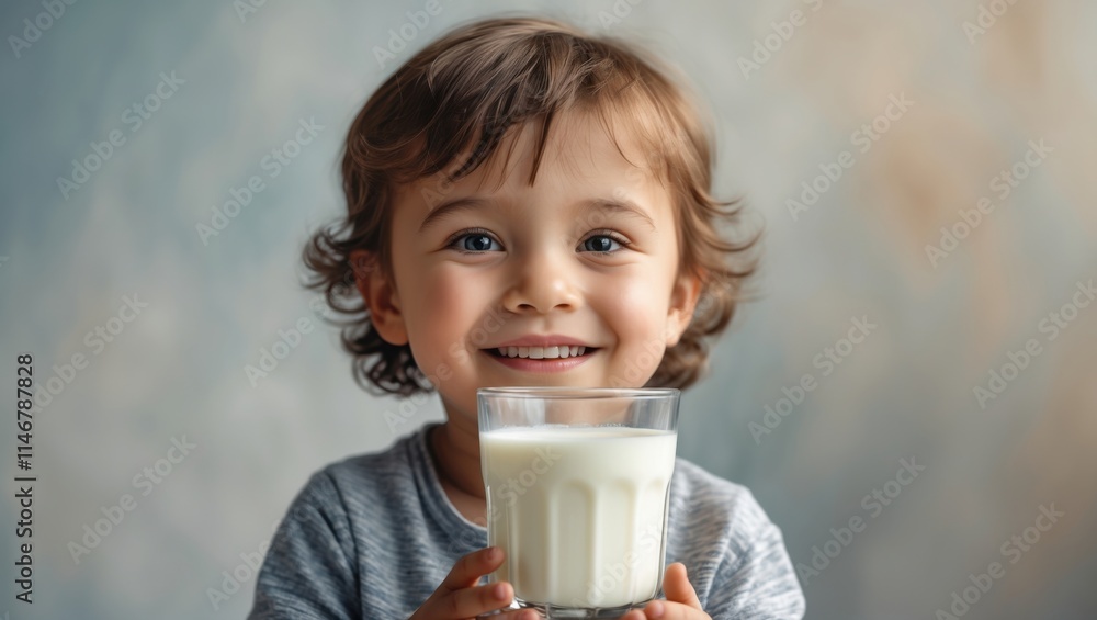 Smiling Child Holding a Glass of Fresh Milk, Radiating Joy and Promoting Healthy Nutrition Smiling Child Holding a Glass of Fresh Milk, Radiating Joy and Promoting Healthy Nutrition