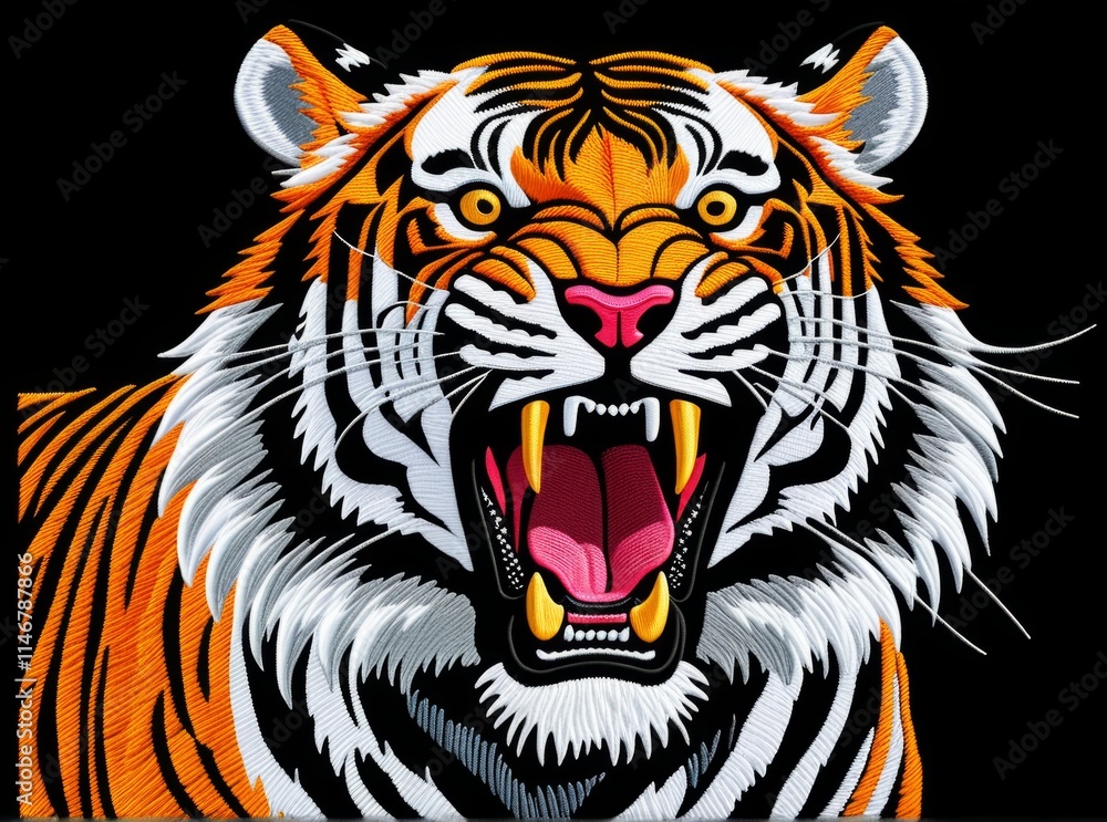 Majestic tiger with fierce expression showcases vibrant colors and intricate detailing in a striking embroidery design Majestic tiger with fierce expression showcases vibrant colors and intricate detailing in a striking embroidery design