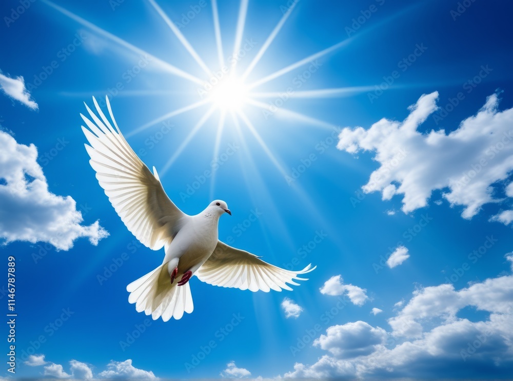 White dove soaring in a bright blue sky with sun rays shining warmly in the background White dove soaring in a bright blue sky with sun rays shining warmly in the background