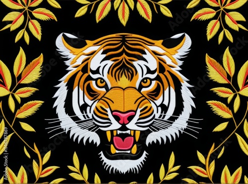 Vibrant tiger embroidery design featuring bold colors and intricate floral patterns on a black background photo