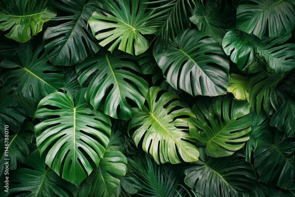 A dense arrangement of tropical green leaves creating a lush, vibrant backdrop. A dense arrangement of tropical green leaves creating a lush, vibrant backdrop.
