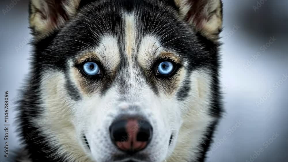 Intense husky gaze: closeup of blueeyed dog in motion Intense husky gaze: closeup of blueeyed dog in motion