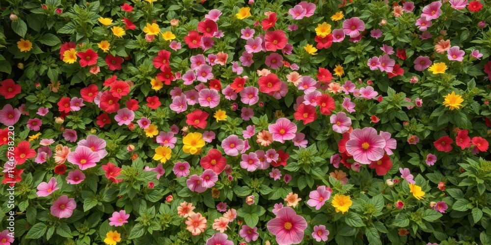 Overgrown garden overflowing with vibrant blooms and verdant foliage, flora, bright Overgrown garden overflowing with vibrant blooms and verdant foliage, flora, bright