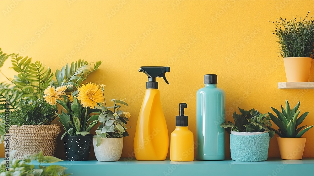 Houseplants and cleaning products on a yellow wall. Houseplants and cleaning products on a yellow wall.