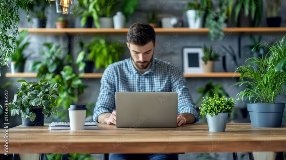 A businessman working on a laptop in a stylish home office with a modern desk and contemporary decor A businessman working on a laptop in a stylish home office with a modern desk and contemporary decor