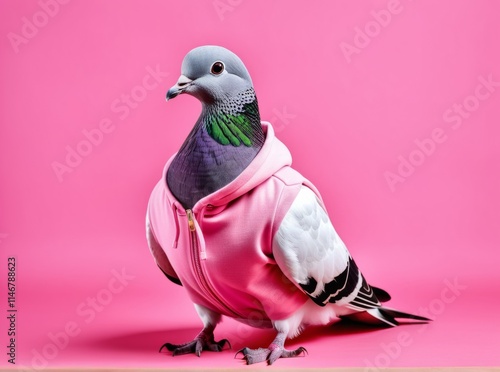 Pigeon wearing bright pink hoodie stands against vibrant pink background in playful urban fashion statement photo