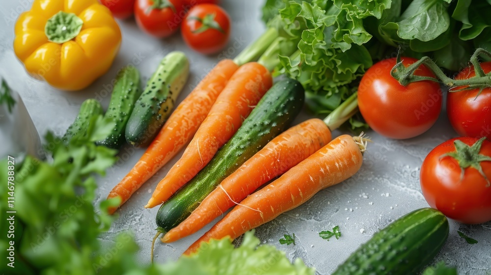 Vibrant Fresh Vegetables: A Colorful Harvest of Carrots, Cucumbers, Tomatoes, and Lettuce Vibrant Fresh Vegetables: A Colorful Harvest of Carrots, Cucumbers, Tomatoes, and Lettuce