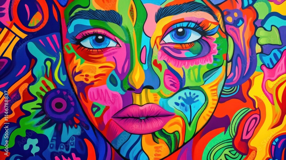 Fototapeta Vibrant colorful abstract portrait of a woman's face with bold features and psychedelic patterns.