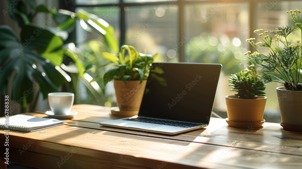 Serene Home Office Workspace with Laptop and Plants Serene Home Office Workspace with Laptop and Plants