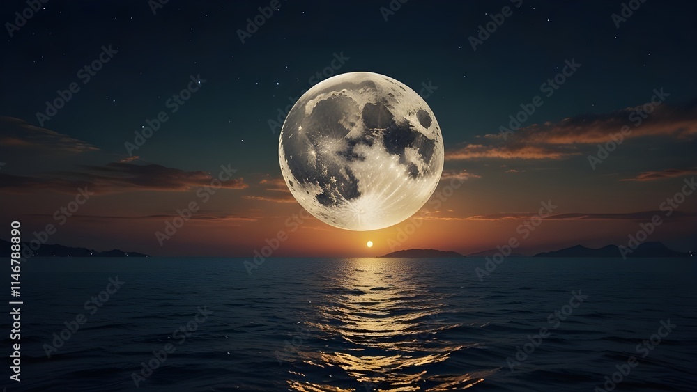 scenic panorama with full moon on sea to night scenic panorama with full moon on sea to night
