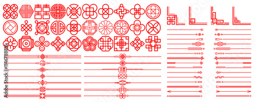 Pattern Chinese. Frame ornament, line Korean. Icon element decor Japanese style, knot Asian border. Shape geometric design. Isolated decorative under lines and circles. Vector oriental outline graphic