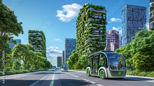 Urban Oasis of 2025: Autonomous Electric Vehicles on Smart Roads, Flanked by Vertical Gardens and Solar Arrays - Epitome of Sustainable Innovation