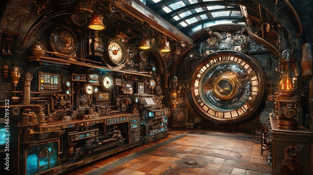 Obraz premium A Steampunk Inspired Room Featuring an Abundance of Clocks and Gears Amidst a Warm Brown and Orange Color Scheme.