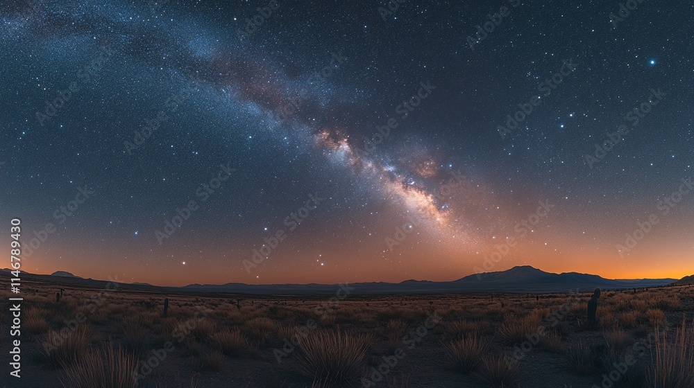 The Milky Way galaxy shines brightly through an open field at night. The Milky Way galaxy shines brightly through an open field at night.