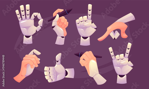 Robot arm. Prosthetic hand. Android part for handicapped. Cyborg AI technology. Innovative medicine. Metal palm. Automatic forefinger. Cybernetic prosthesis. Writing pen. Vector cartoon gestures set