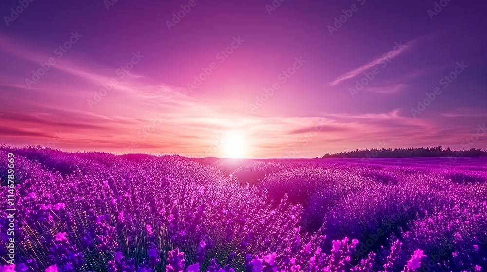 Naklejka premium Deep purple lavender fields under a sunset-lit horizon, panoramic shot, Minimalist style