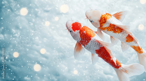 Fish Santa concept. Majestic koi fish swimming gracefully in serene winter scene