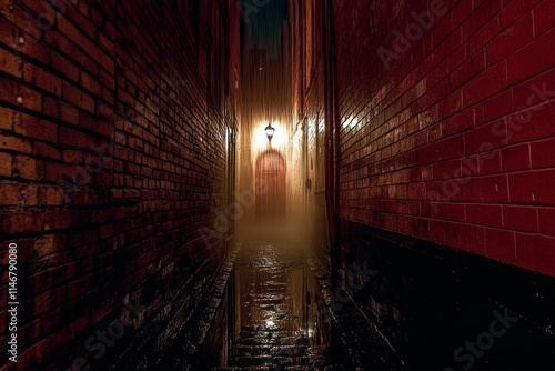 A dimly lit alleyway with wet brick walls and a glowing lamp creates a mysterious atmosphere. photo