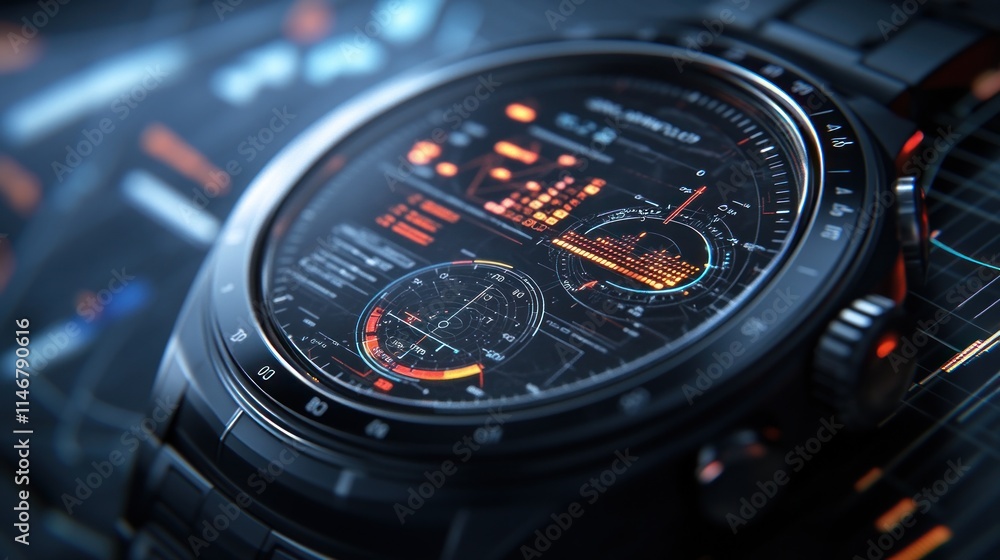 Close-up of a futuristic smartwatch displaying data graphs and charts. Close-up of a futuristic smartwatch displaying data graphs and charts.
