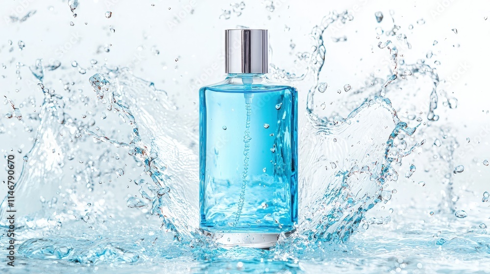 Refreshing blue perfume bottle in water splash. Refreshing blue perfume bottle in water splash.