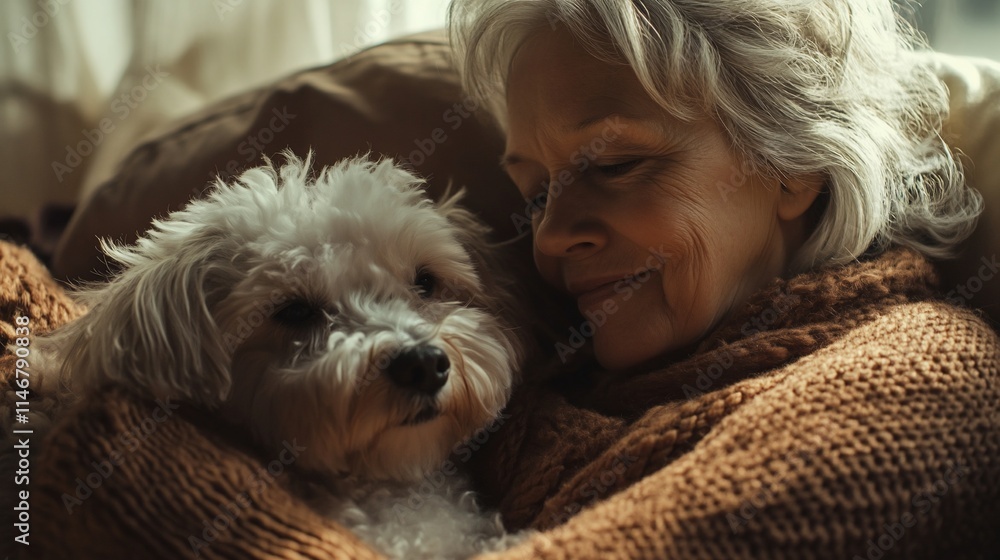 Senior woman cuddling fluffy white dog indoors. Senior woman cuddling fluffy white dog indoors.