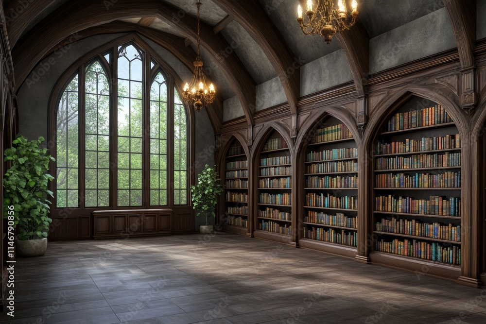 A grand library with tall windows, wooden shelves, and lush plants for reading and study. A grand library with tall windows, wooden shelves, and lush plants for reading and study.