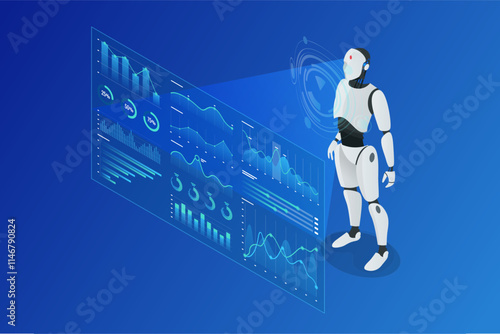 Isometric AI-Driven Workflow. Isometric humanoid robot analyzing data on holographic screen, featuring performance charts, graphs and futuristic elements on blue background. Automating Data Management