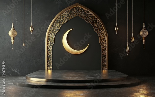 Elegant Ramadan Festive Background with Golden Crescent Moon and Lanterns photo